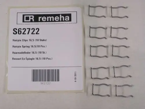 Packung mit 10 Haarnadelfedern von Remeha, angeordnet neben einem Etikett mit Artikelnummer und Produktbeschreibung.